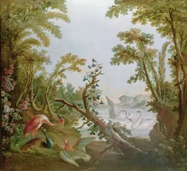See mit Schwänen, einem Flamingo und verschiedenen Vögeln, aus dem Salon von Gilles Demarteau, ca. 1750-65